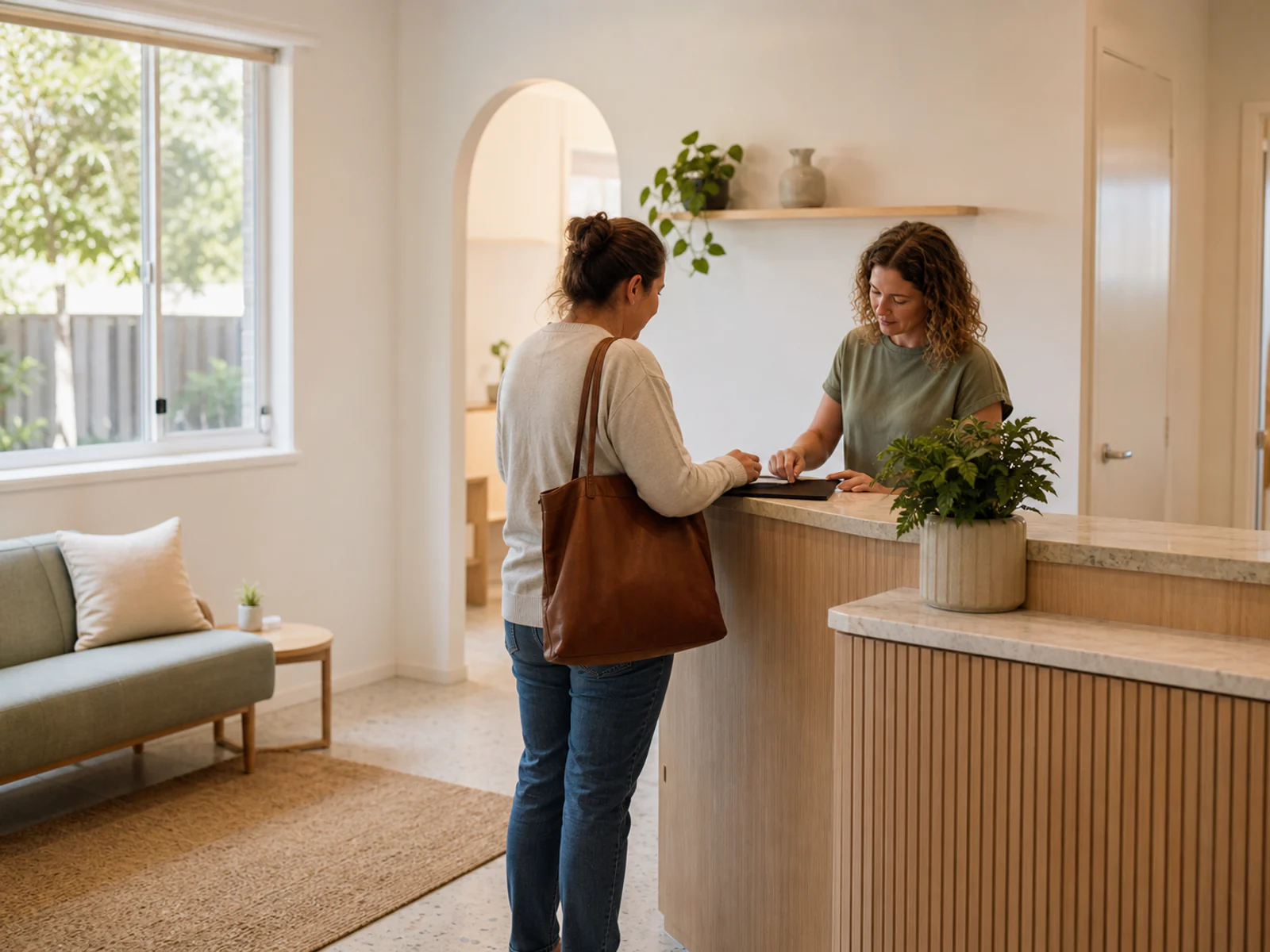 Therapist greeting a patient at a bright independent allied-health clinic