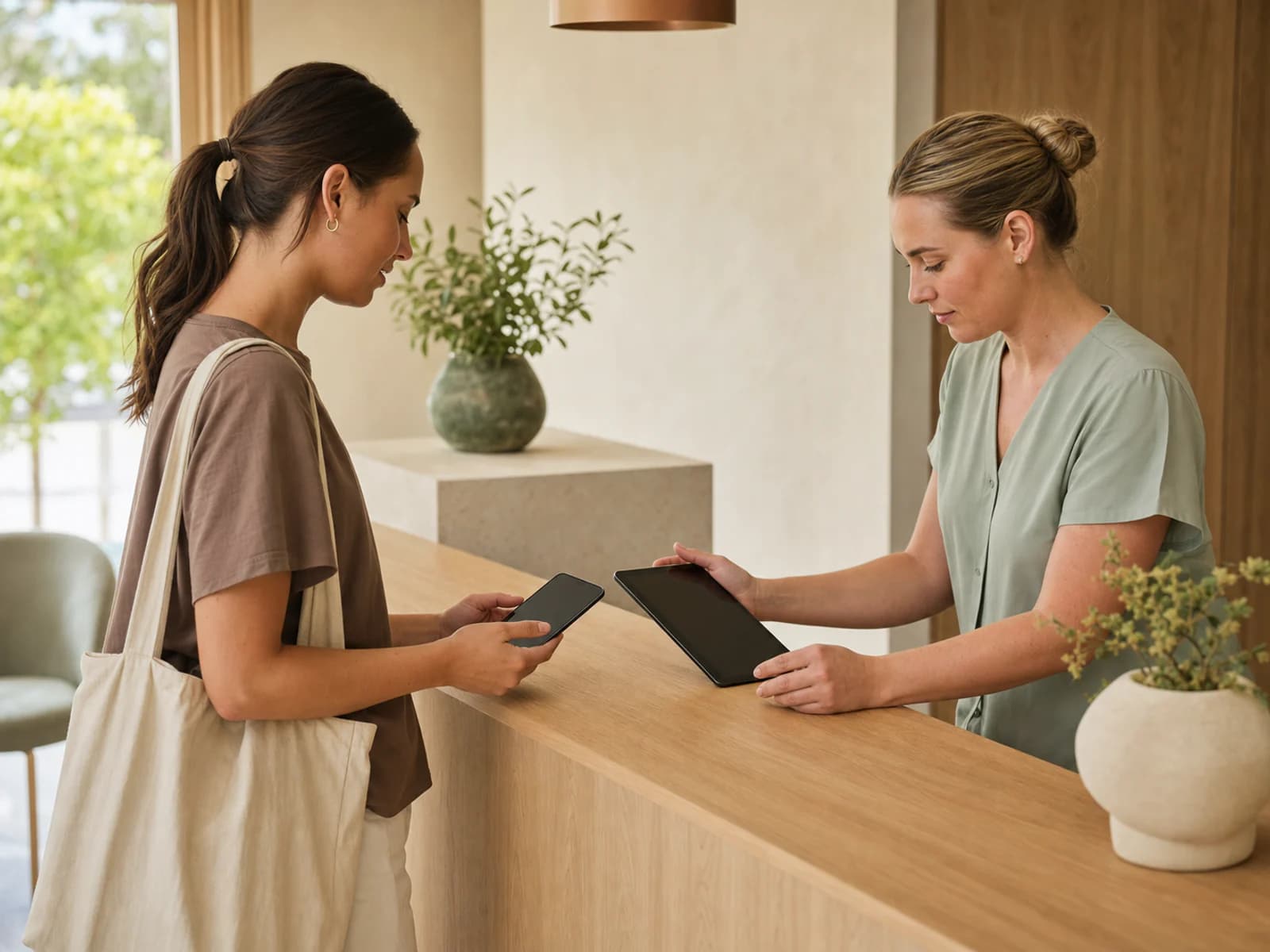Clinic receptionist and patient using phones and a tablet at the front desk