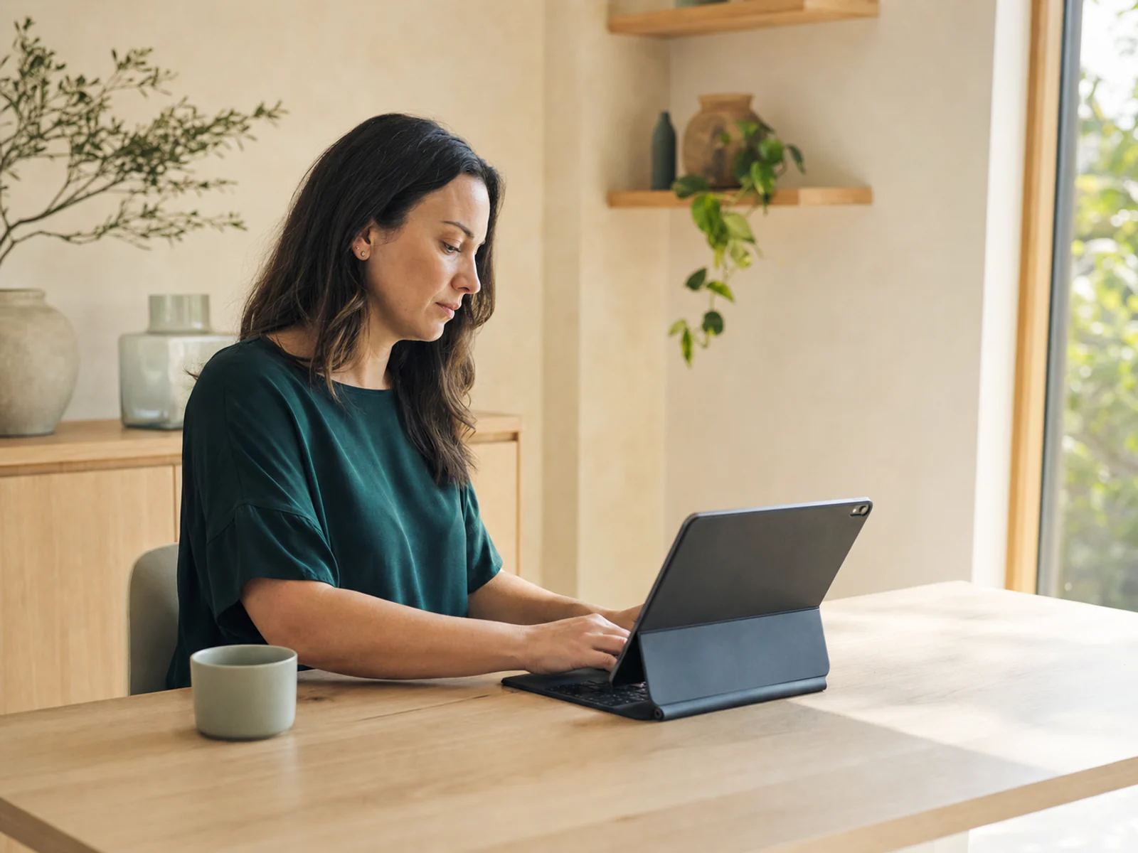 Clinic practice manager reviewing reporting on a tablet with its screen facing away.