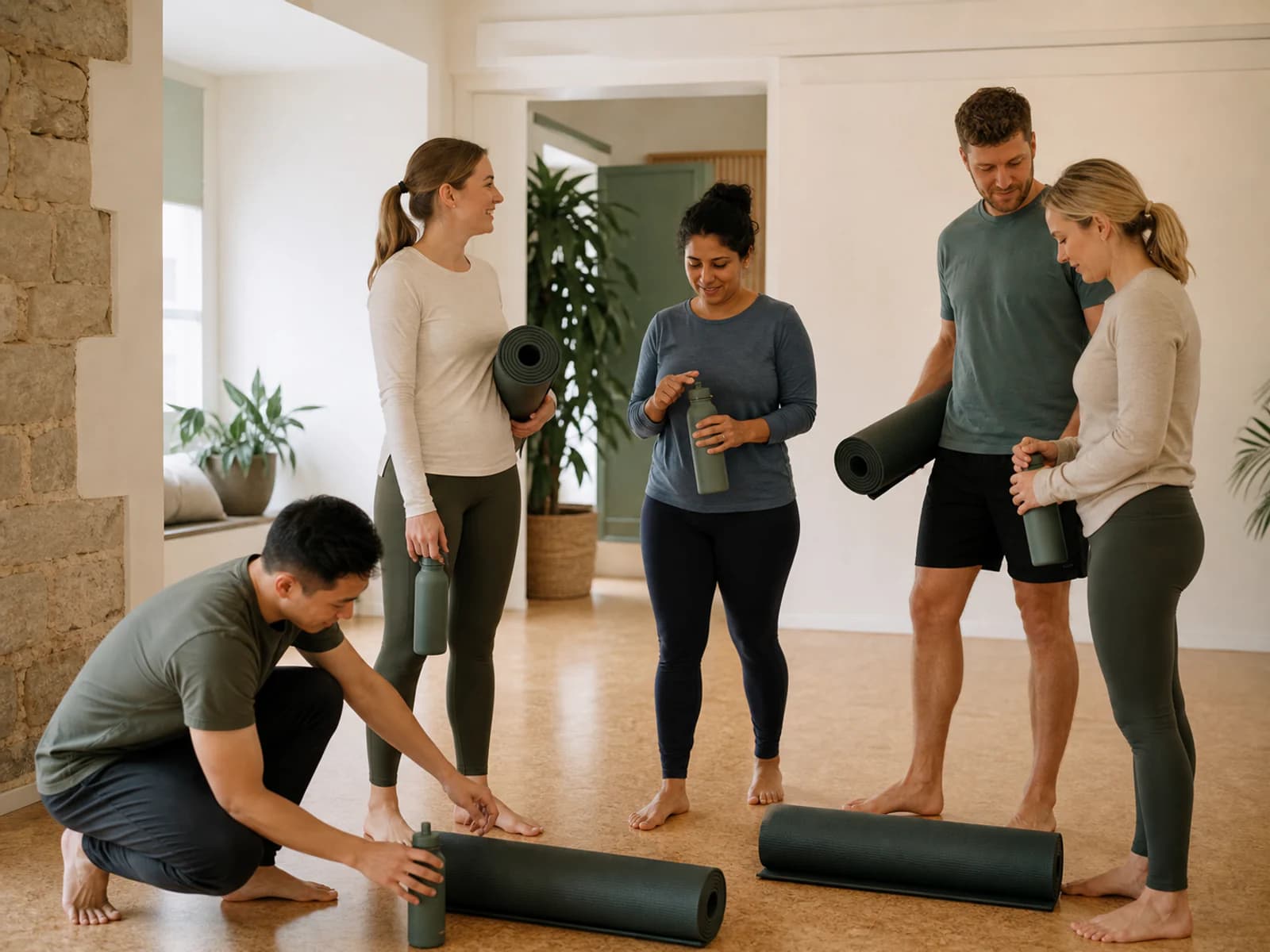 Small corporate wellness group preparing mats and water bottles for a studio session