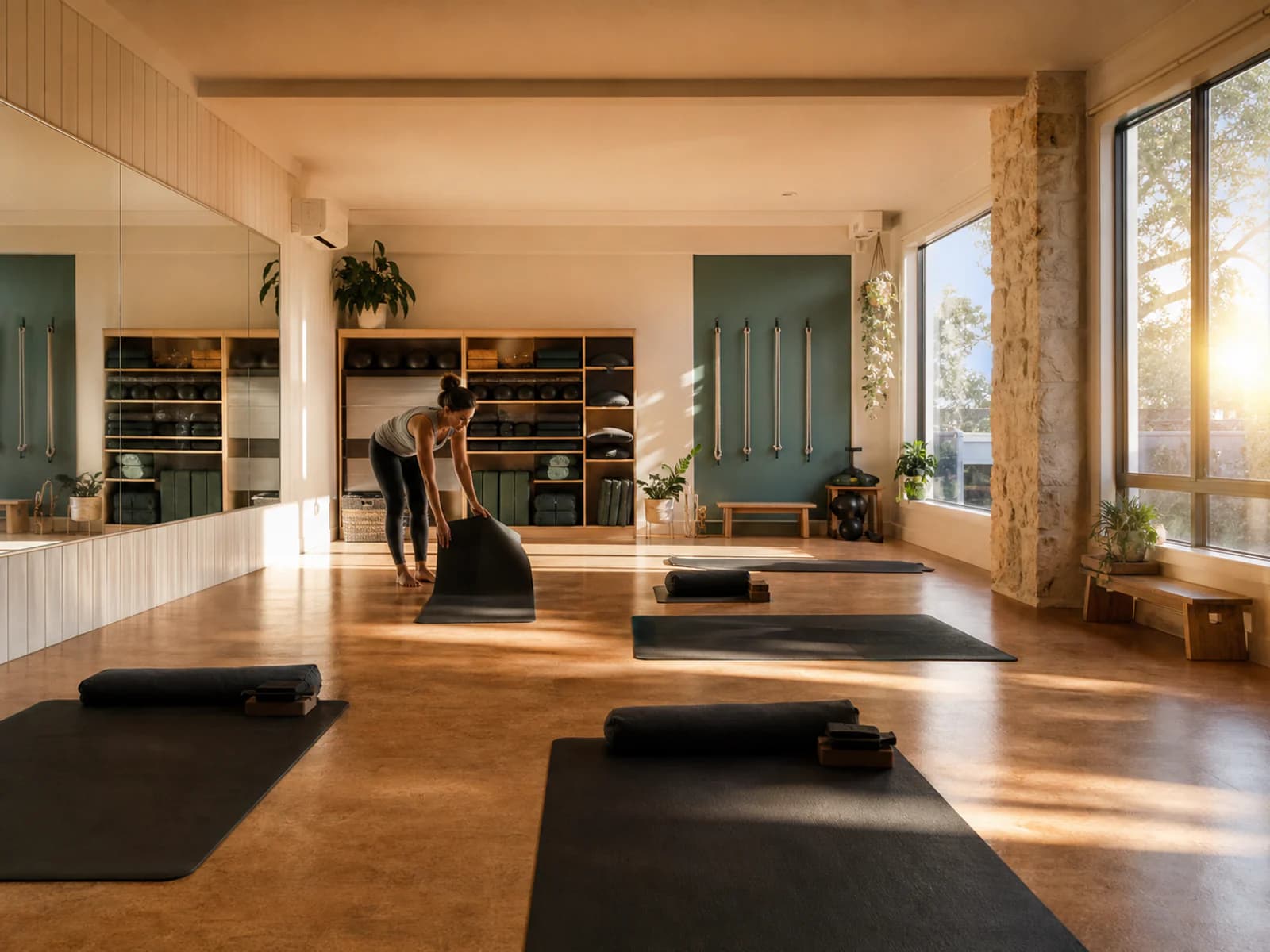 Coach preparing a bright independent fitness studio at sunrise