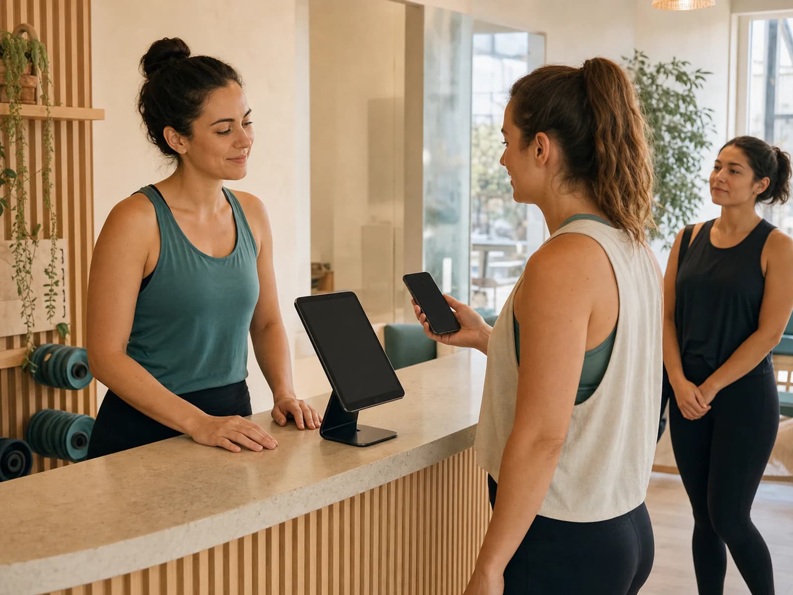 Fitness studio staff member and customer using a tablet and phone at reception