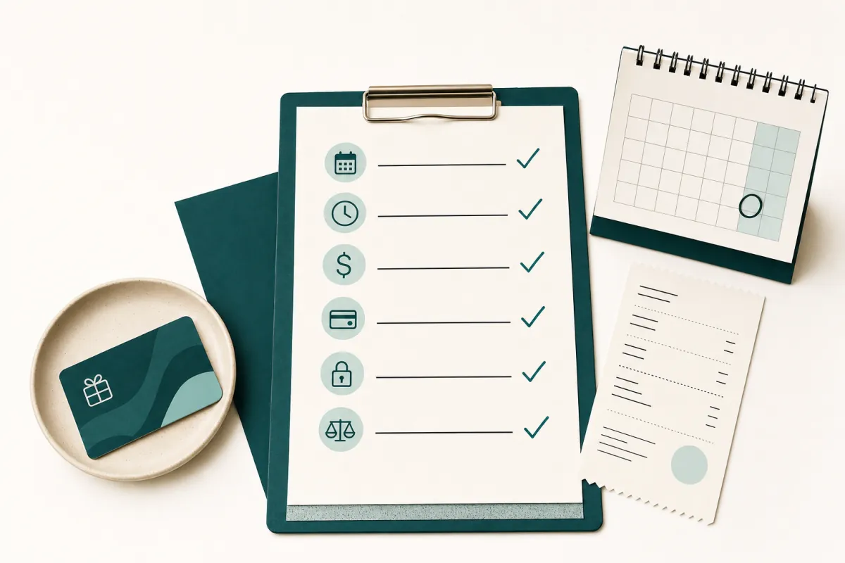 A compliance checklist scene with a voucher, calendar, and rule markers.