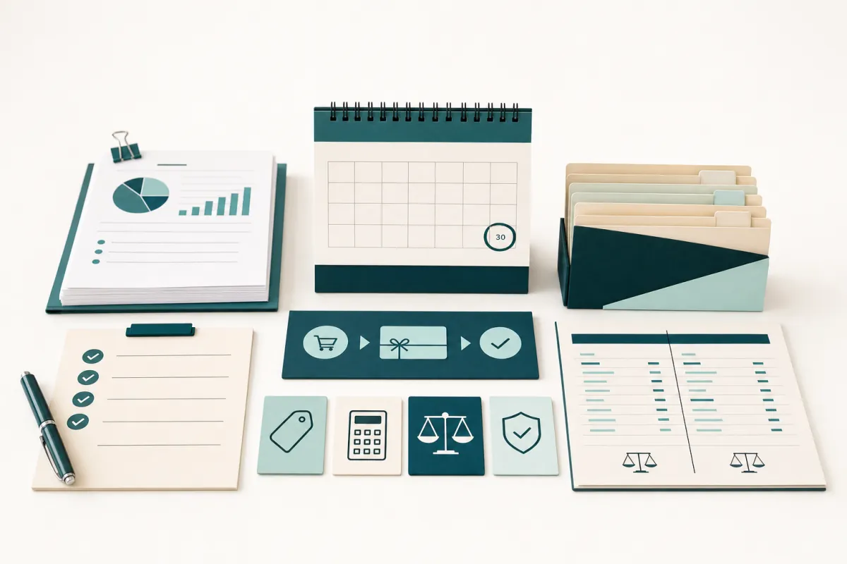 An end-of-financial-year voucher checklist desk with calendar, ledger, and audit cards.