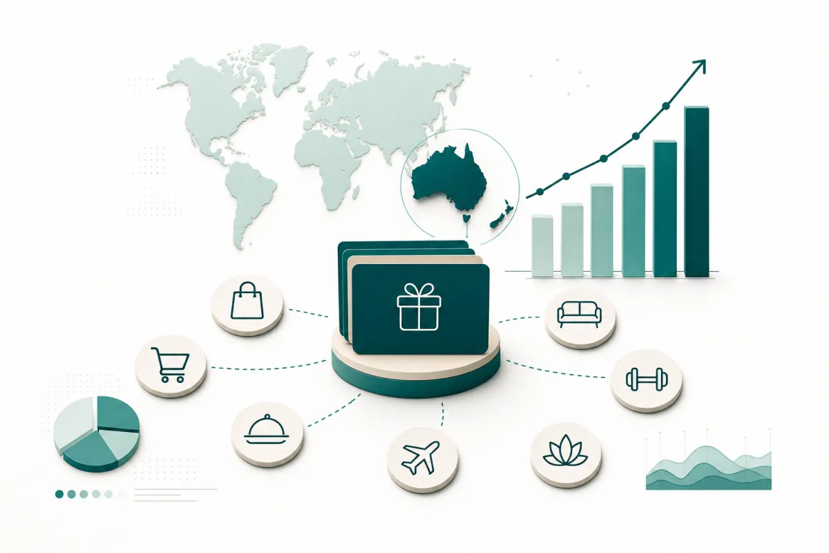 A market growth chart with digital voucher cards moving across Australia and global channels.