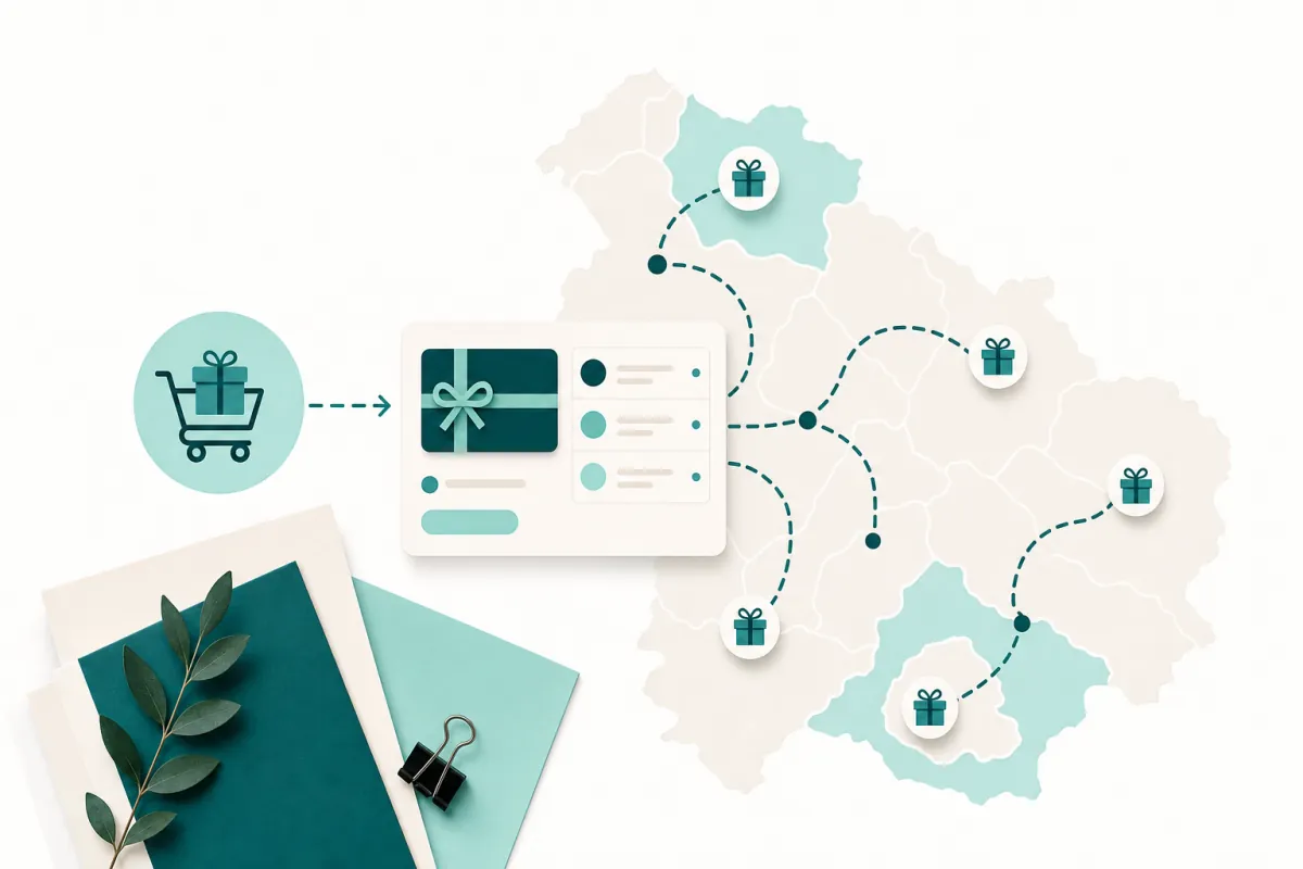 A map-like voucher buying flow showing online checkout and gift delivery paths across different locations.