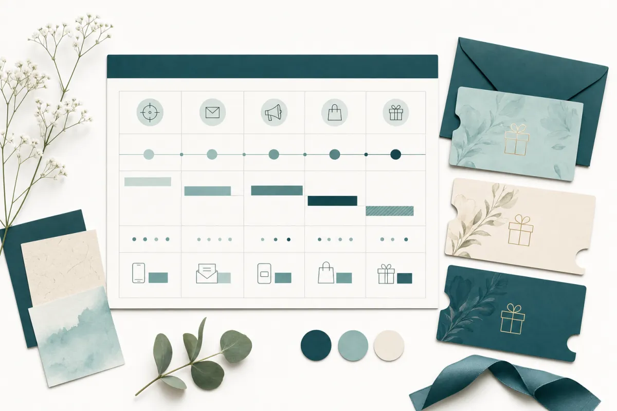 A Mother's Day voucher campaign planning board with calendar milestones and gift cards.