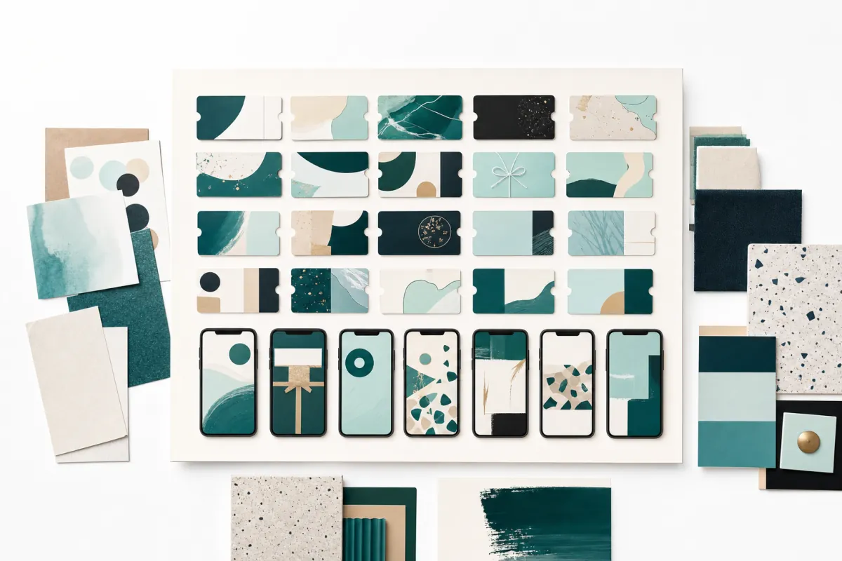 A design board of digital voucher template previews and colour swatches.