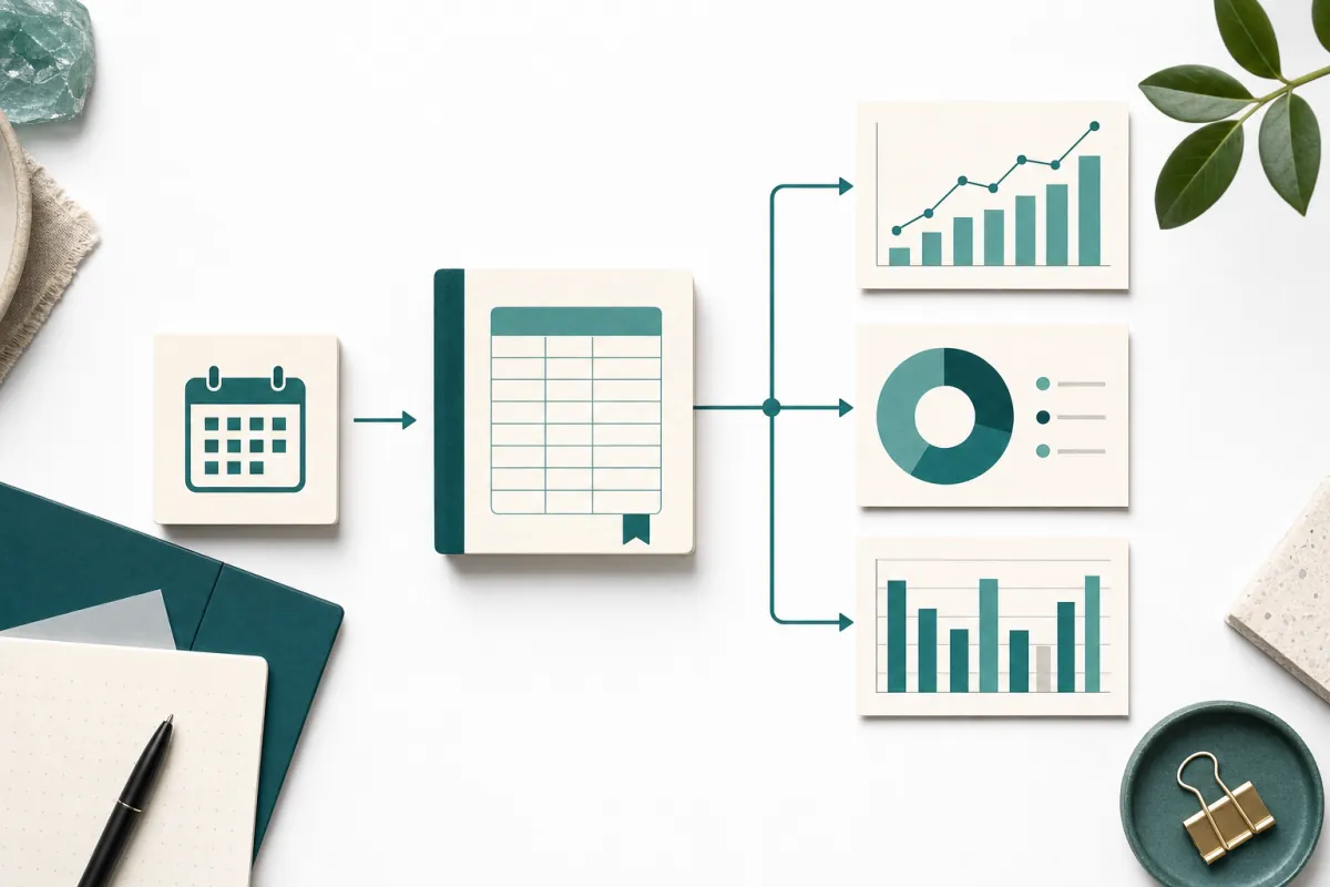 A planning desk with a simple voucher ledger diagram branching out from an appointment-book workflow.