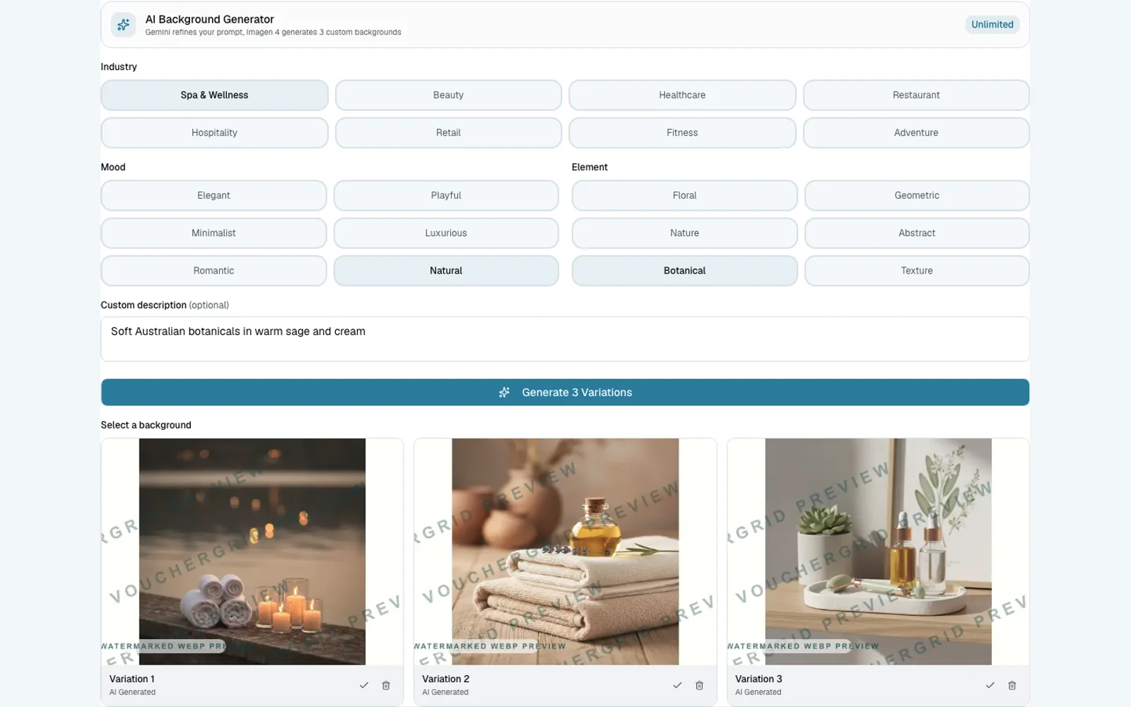 Current VoucherGrid AI background generator showing a staged botanical prompt and three generated variations.