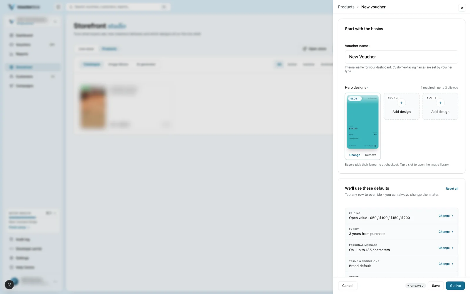 Current VoucherGrid voucher editor showing a digital voucher preview and voucher settings.