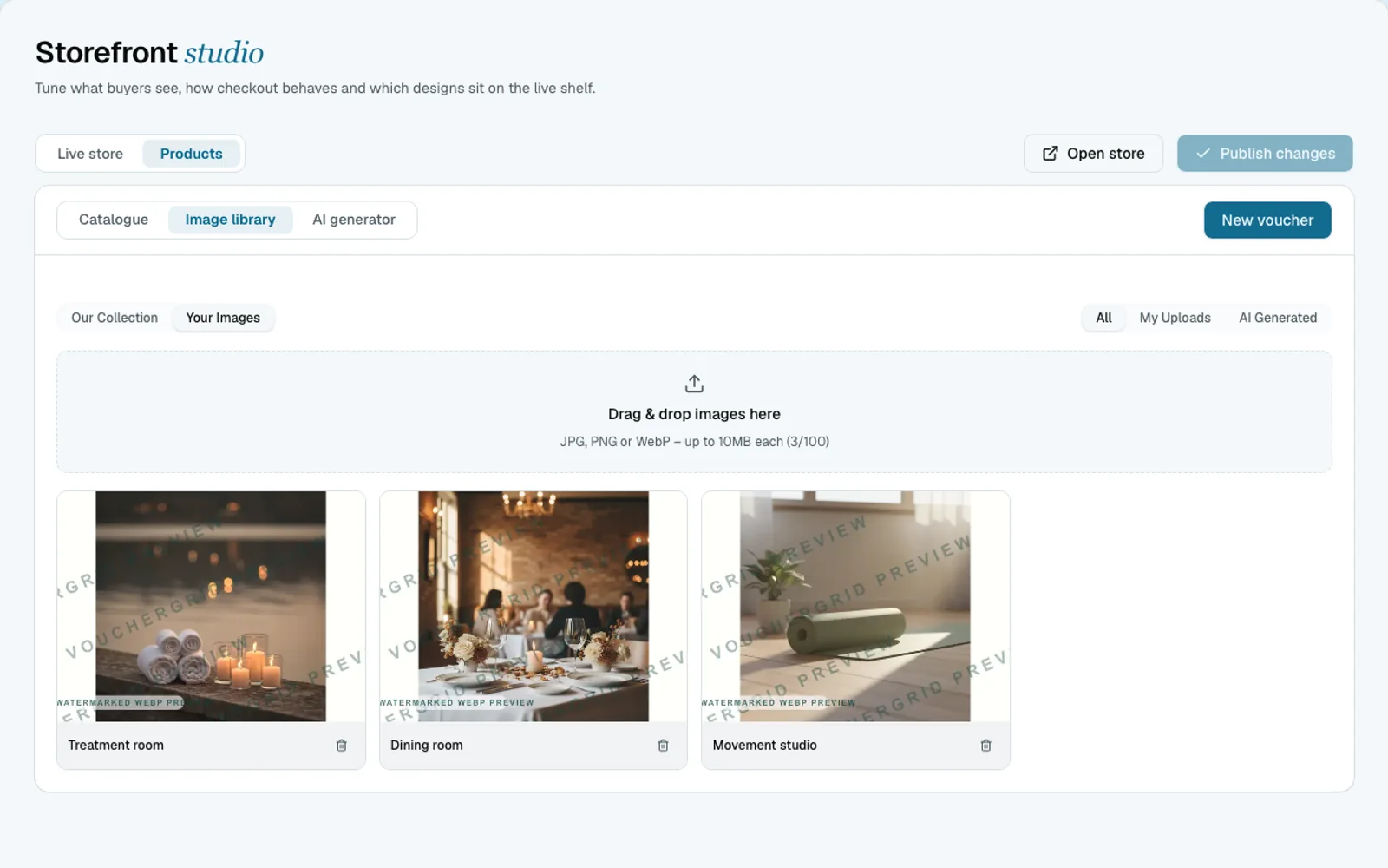 Current VoucherGrid image library showing three uploaded images ready for voucher design.