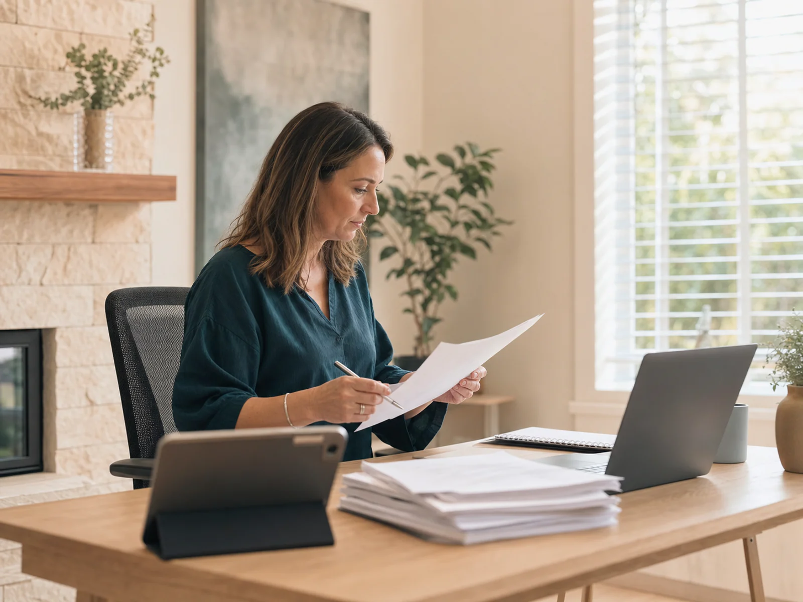 Accountant reviewing voucher reconciliation work at a calm small-business office desk