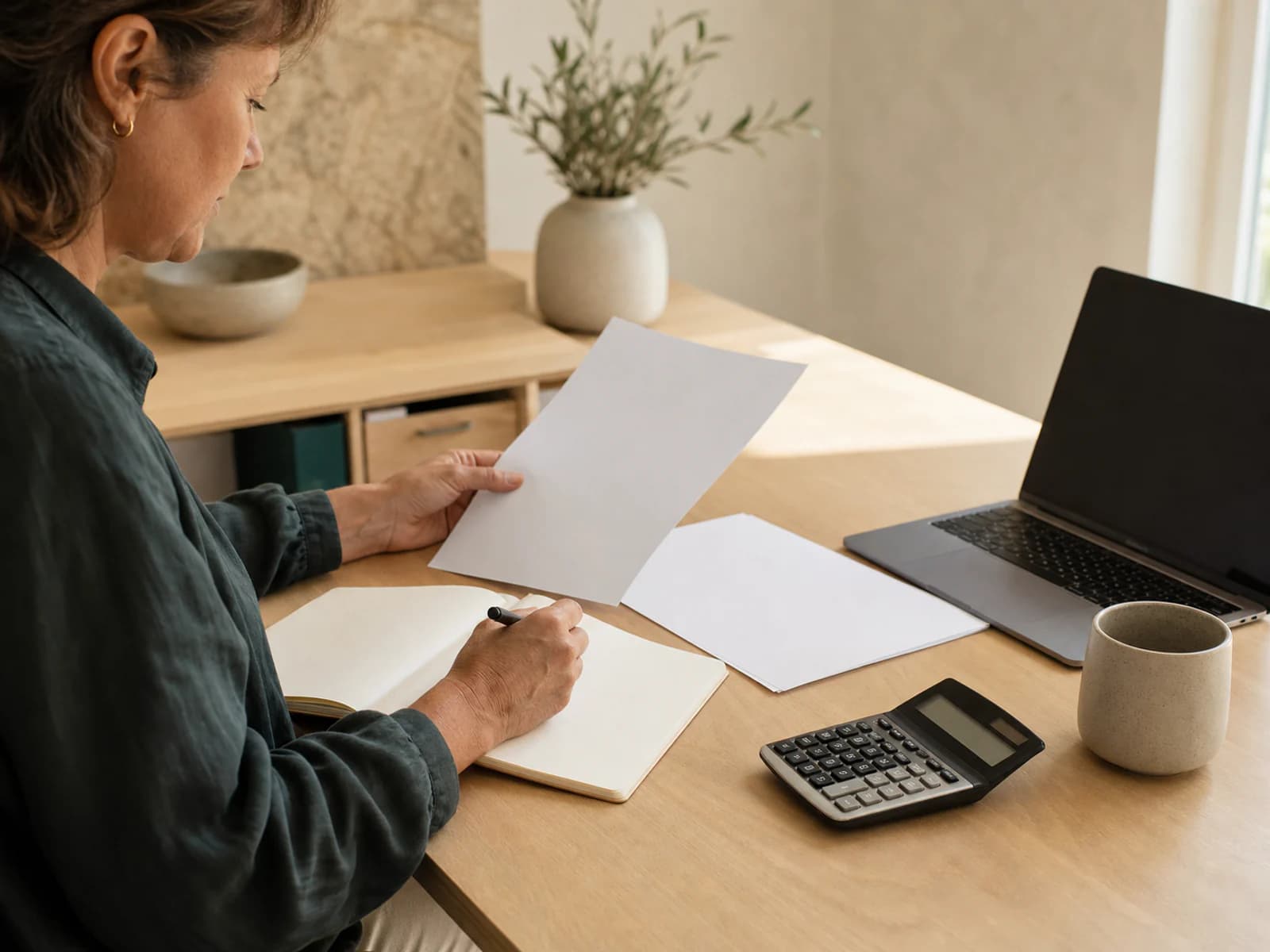 Accountant working through a journal exercise with blank papers and an unreadable laptop