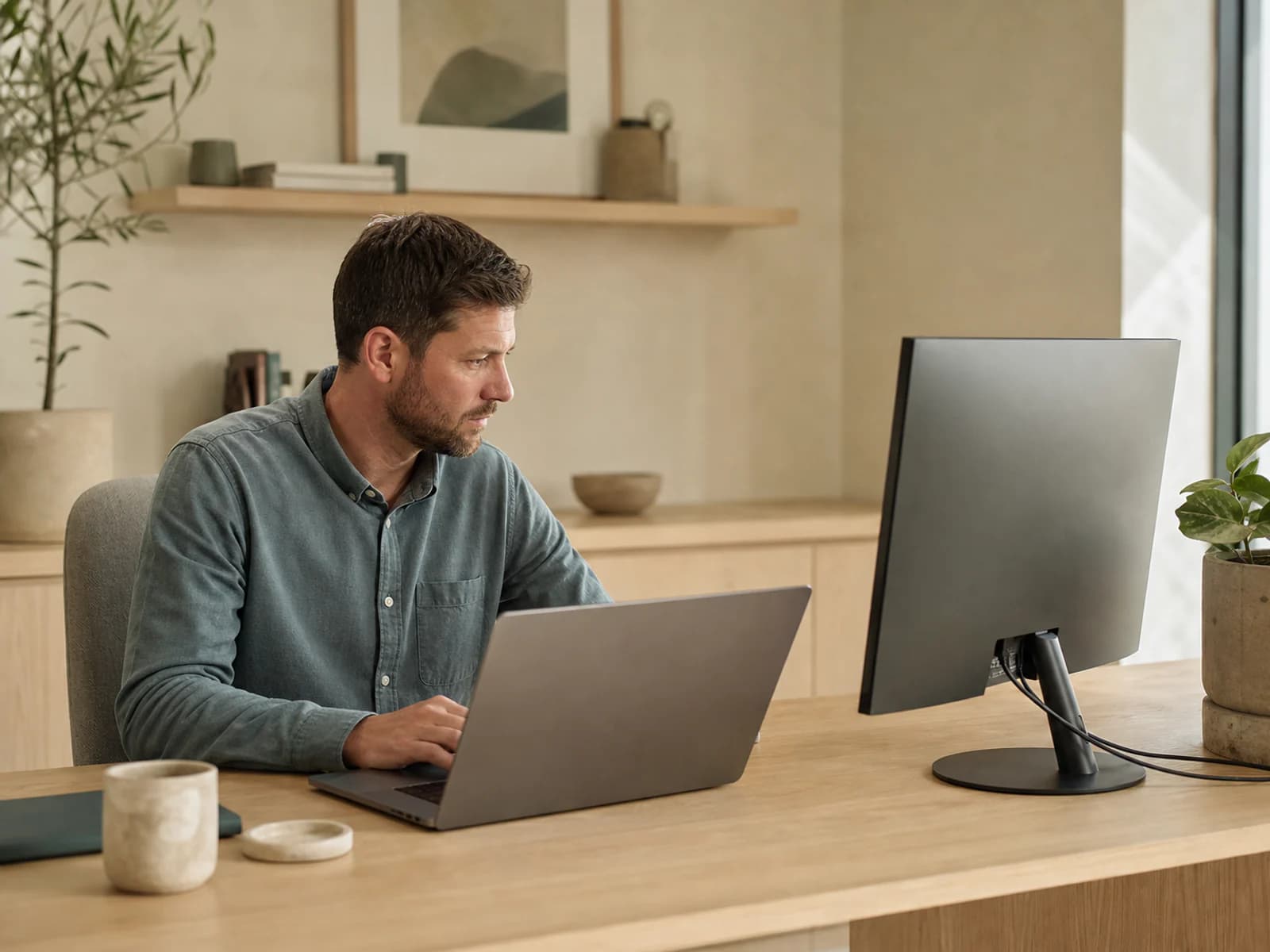 Accountant working at a desktop monitor and laptop in a quiet office