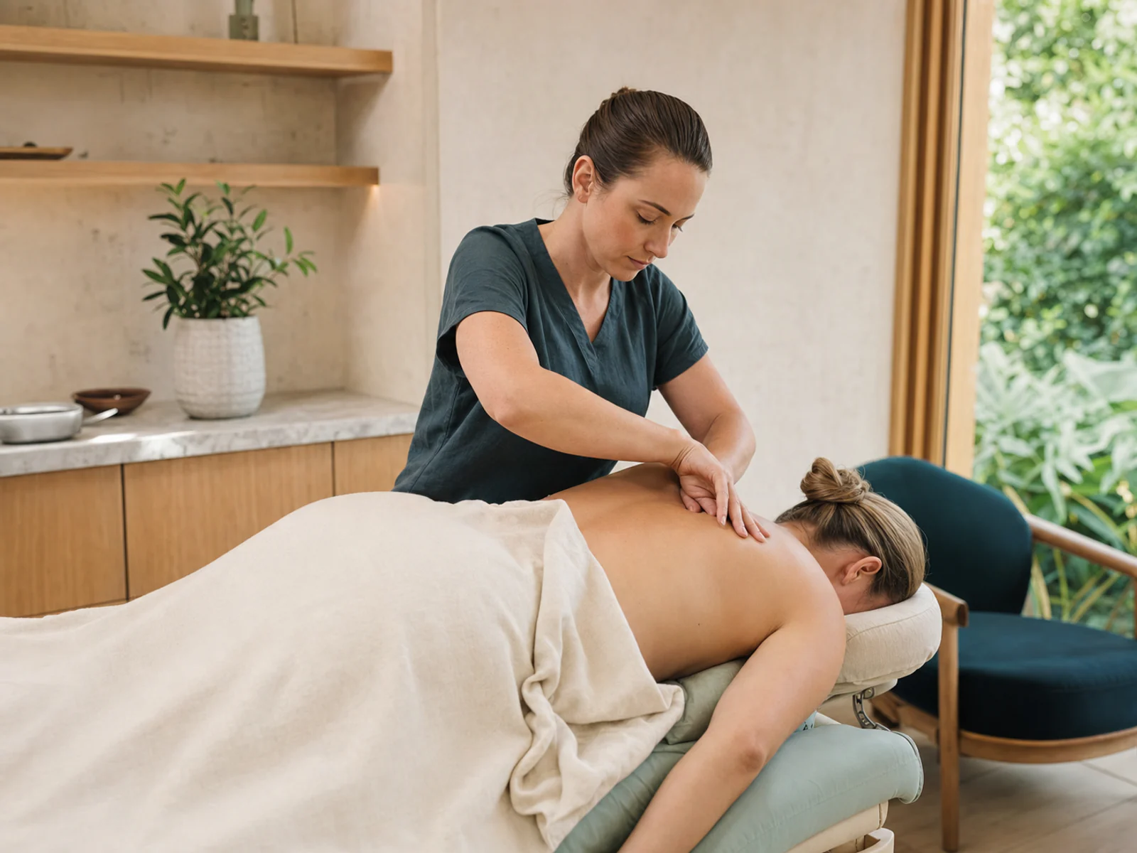Remedial massage therapist treating a client's upper back in a calm independent clinic