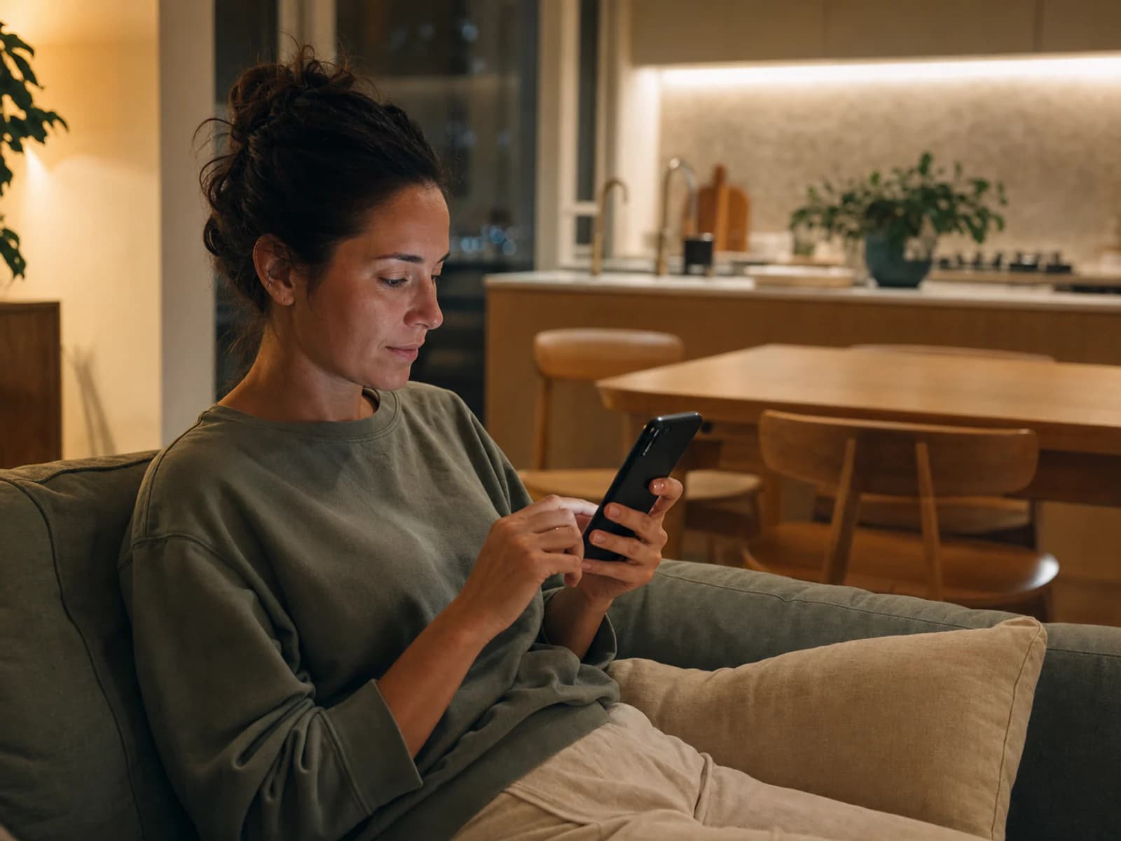 Buyer browsing a phone with an unreadable screen at home after hours