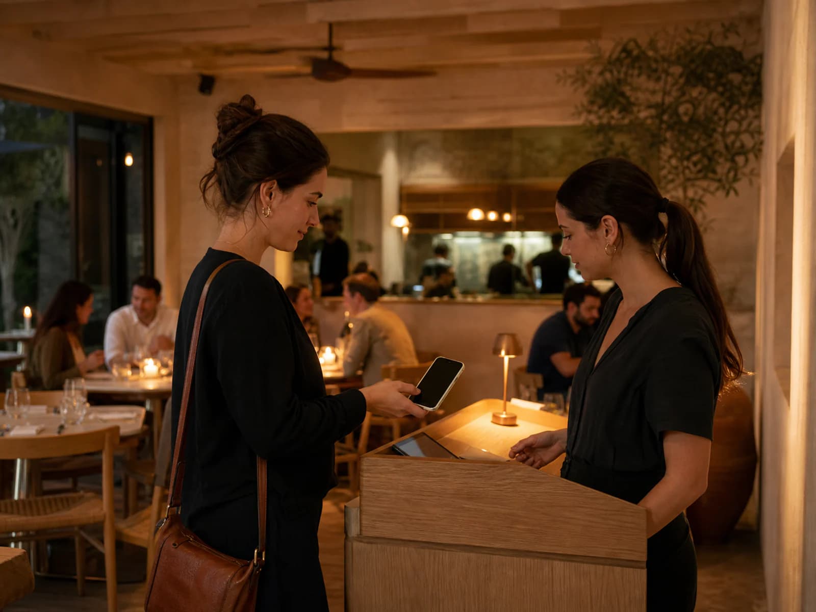 Restaurant guest presenting a digital voucher on a phone at the host stand before dinner