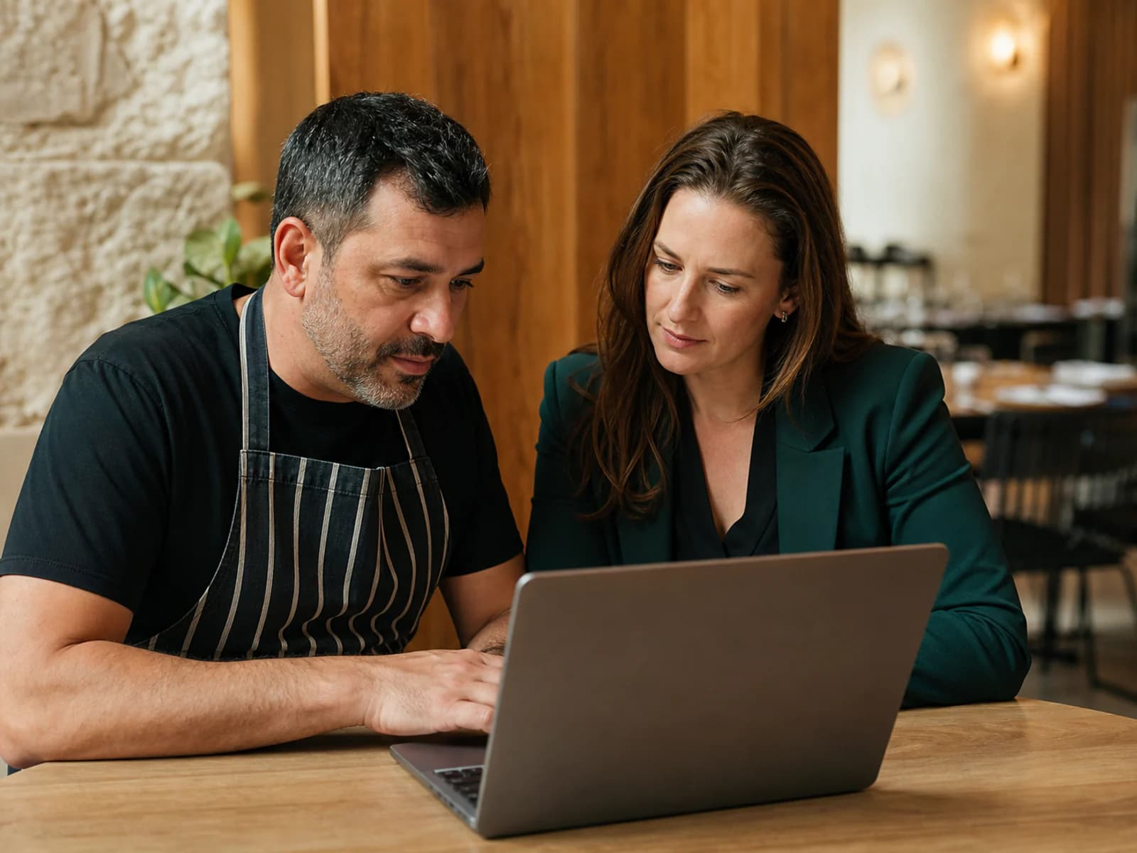 Restaurant owner and accountant reviewing voucher journal work together on a laptop with its screen facing away.