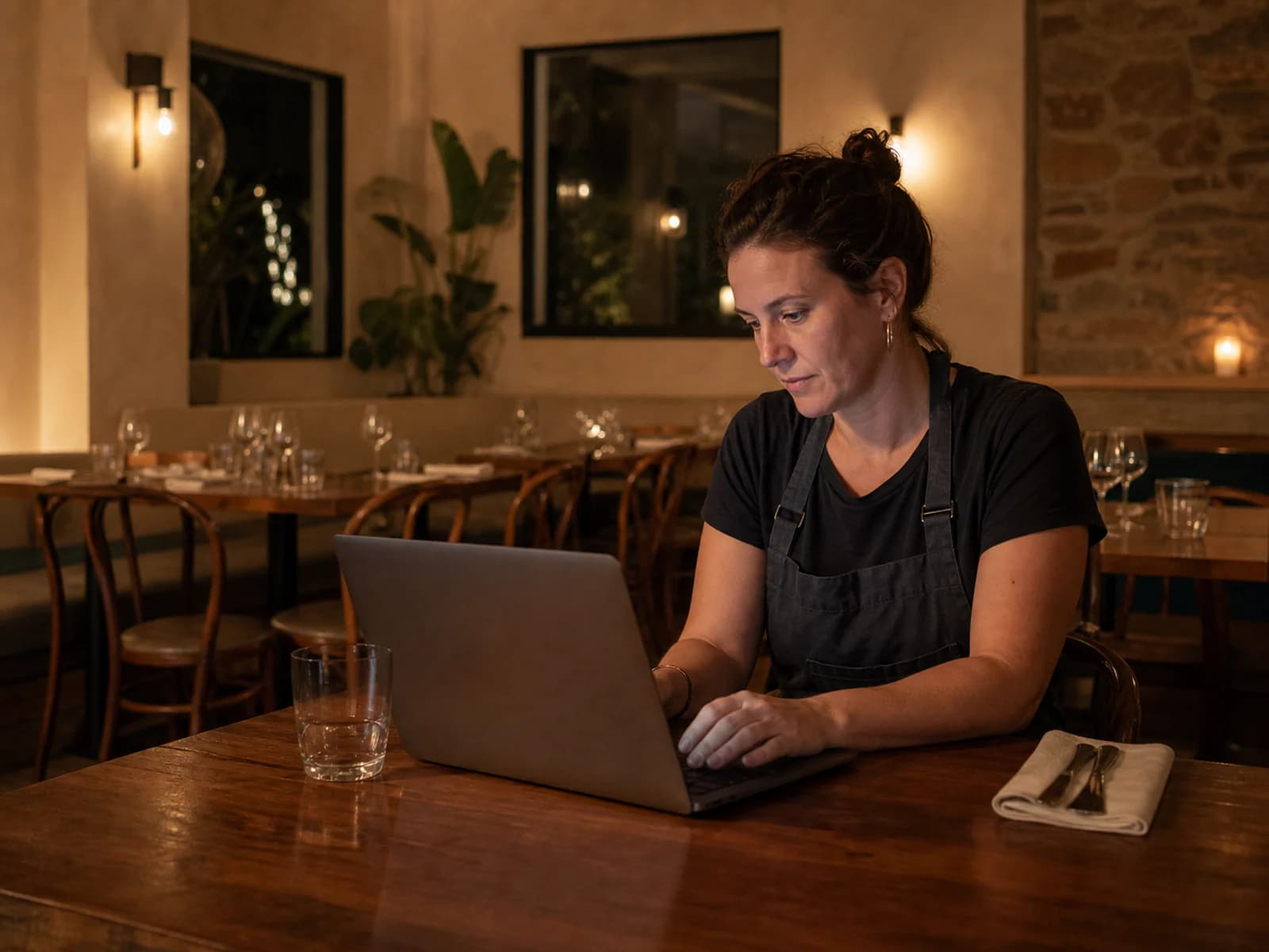 Restaurant owner reviewing voucher reporting on a laptop after service.