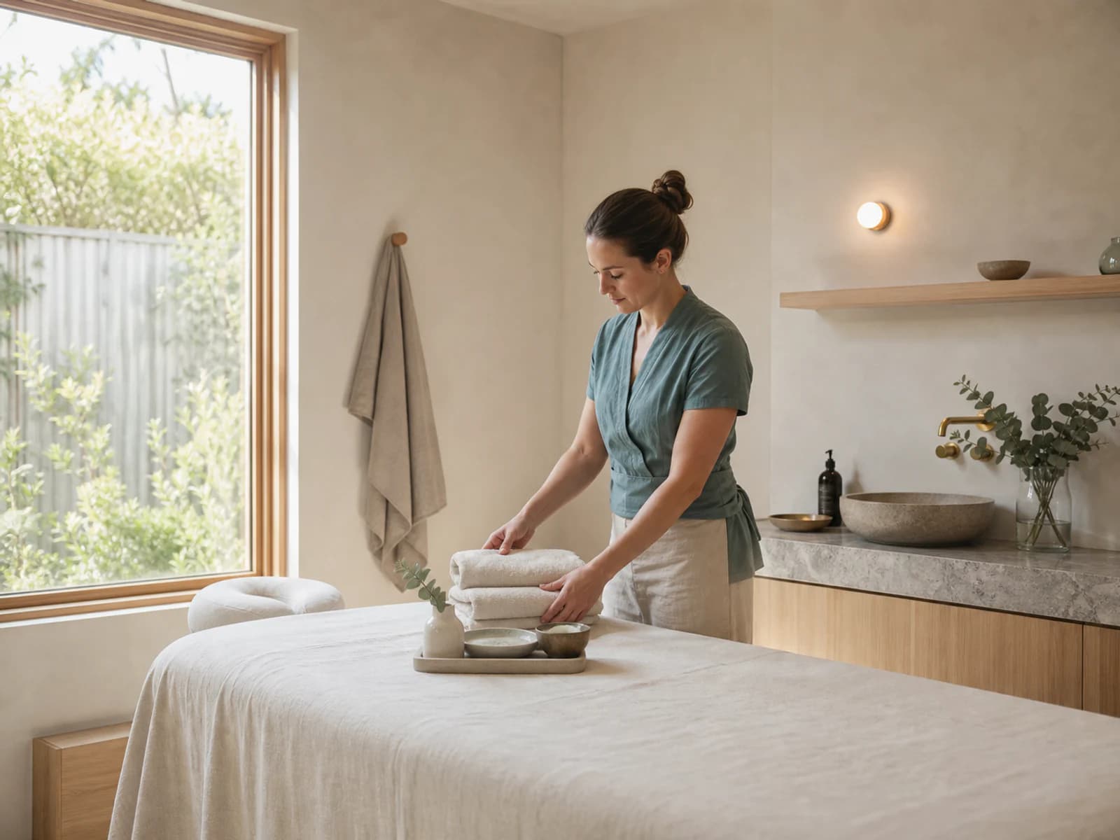 Therapist preparing a treatment room at an Australian day spa in soft natural light.
