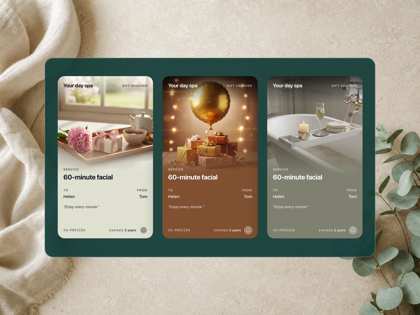 Three complete digital spa vouchers showing Mother's Day, birthday and everyday designs.